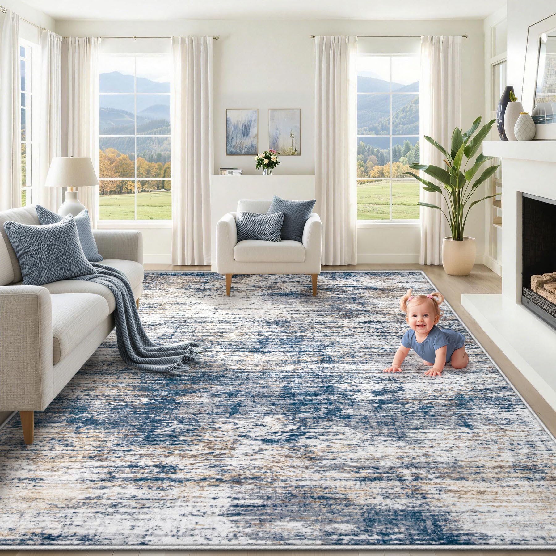 XLUEZ 8x10 area rug in blue-white abstract design adds soft comfort to living rooms.