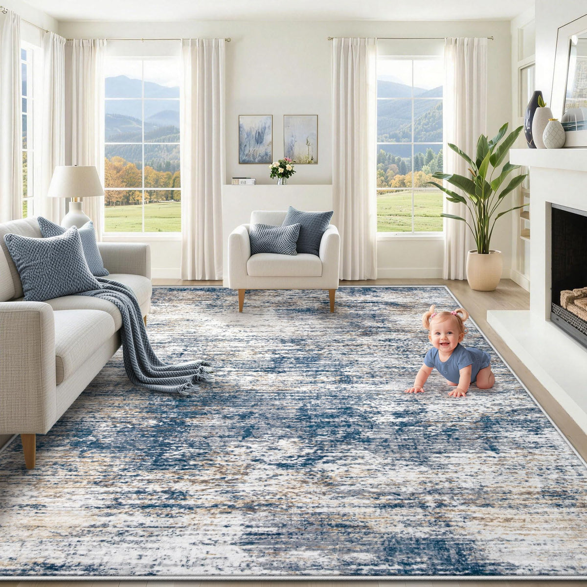 XLUEZ 8x10 area rug in blue-white abstract design adds soft comfort to living rooms.