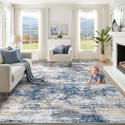 XLUEZ 8x10 area rug in blue-white abstract design adds soft comfort to living rooms.