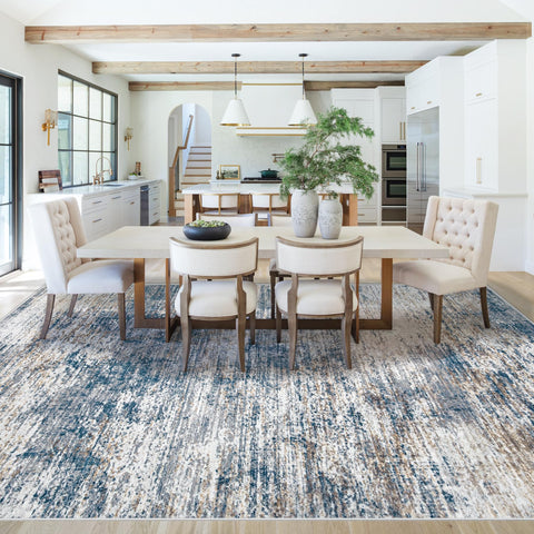 Neutral blue and white palette complements modern, bohemian, or minimalist interiors.