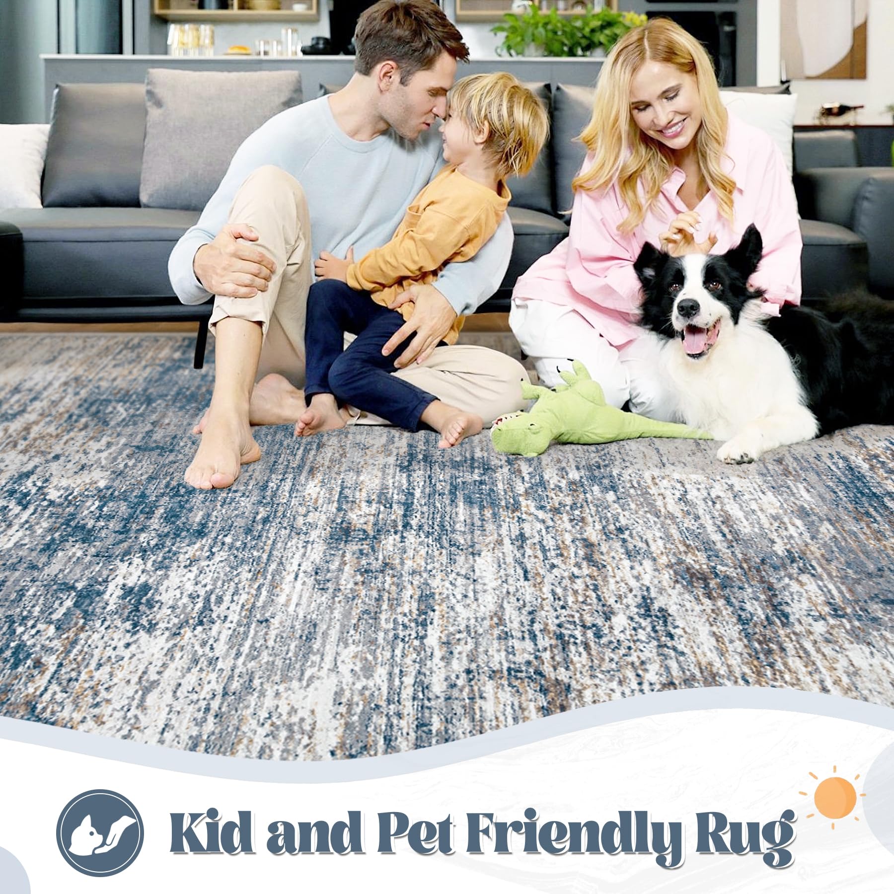 XLUEZ 8x10 area rug with non-slip backing keeps it in place on wood floors.
