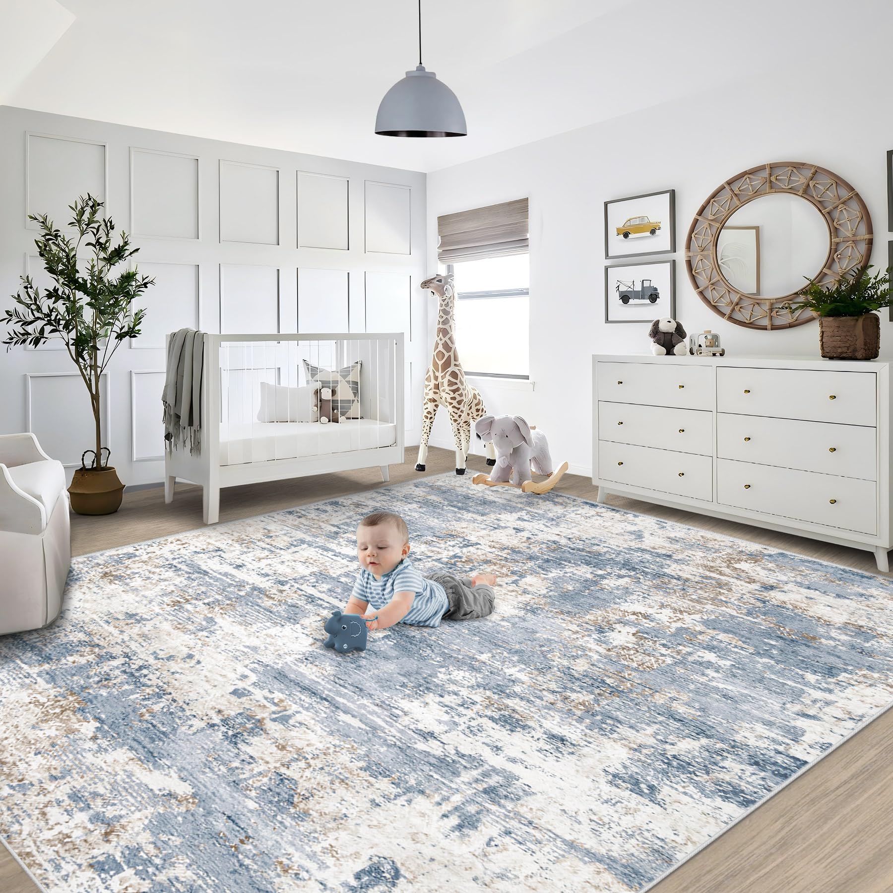 XLUEZ kids-friendly blue rug area for safe play and rest.