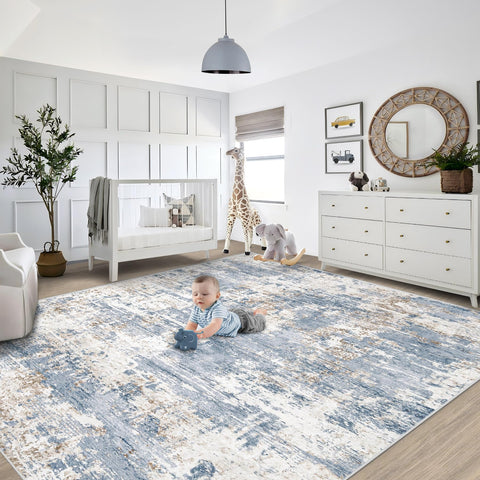 XLUEZ kids-friendly blue rug area for safe play and rest.