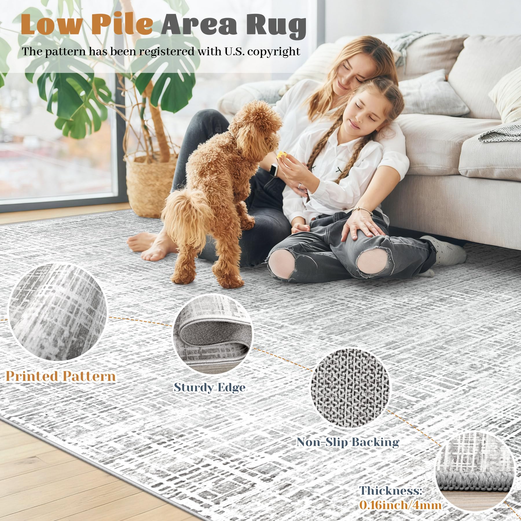 XLUEZ soft low-pile texture rug, gentle underfoot for bedrooms and nurseries