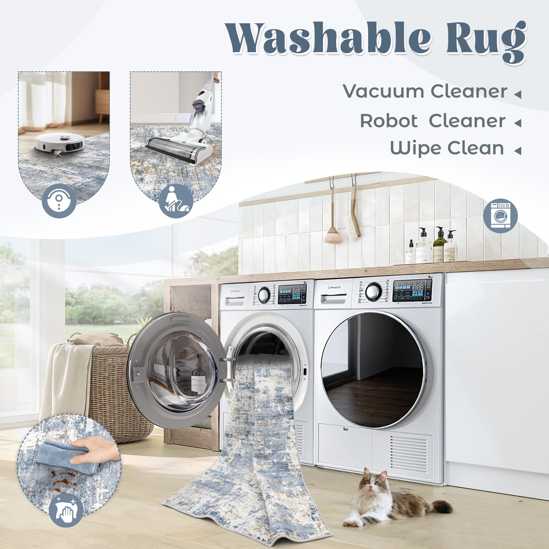 XLUEZ washable blue microfiber rug, easy-clean design for busy households.
