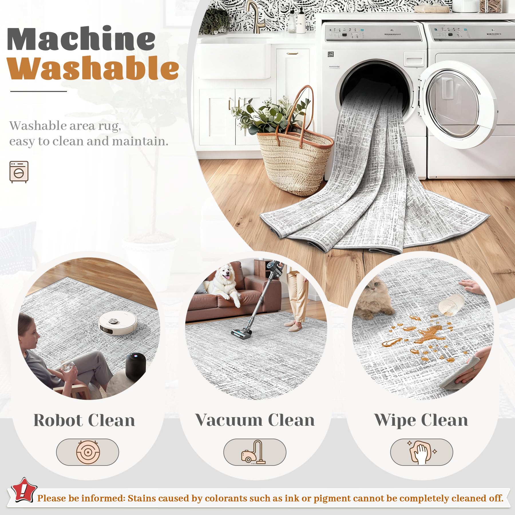 XLUEZ washable rug stain resistance close-up showcases easy cleanup after spills