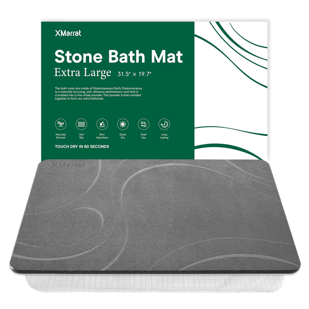 XMarrat stone bath mat close-up highlighting absorbent diatomaceous earth for fast moisture pickup
