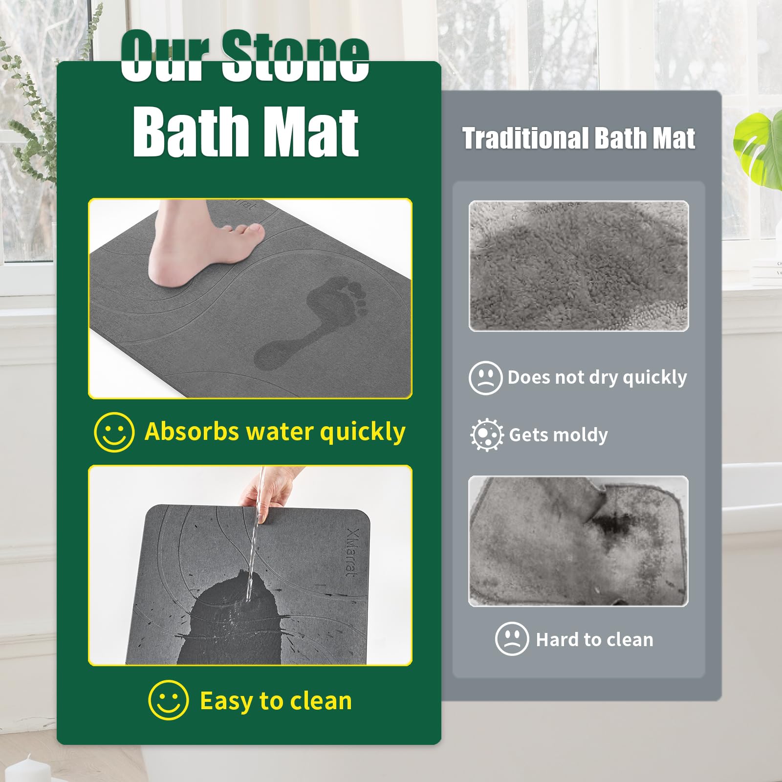 XMarrat Stone Bath Mat is easy to rinse and quick to dry for low maintenance