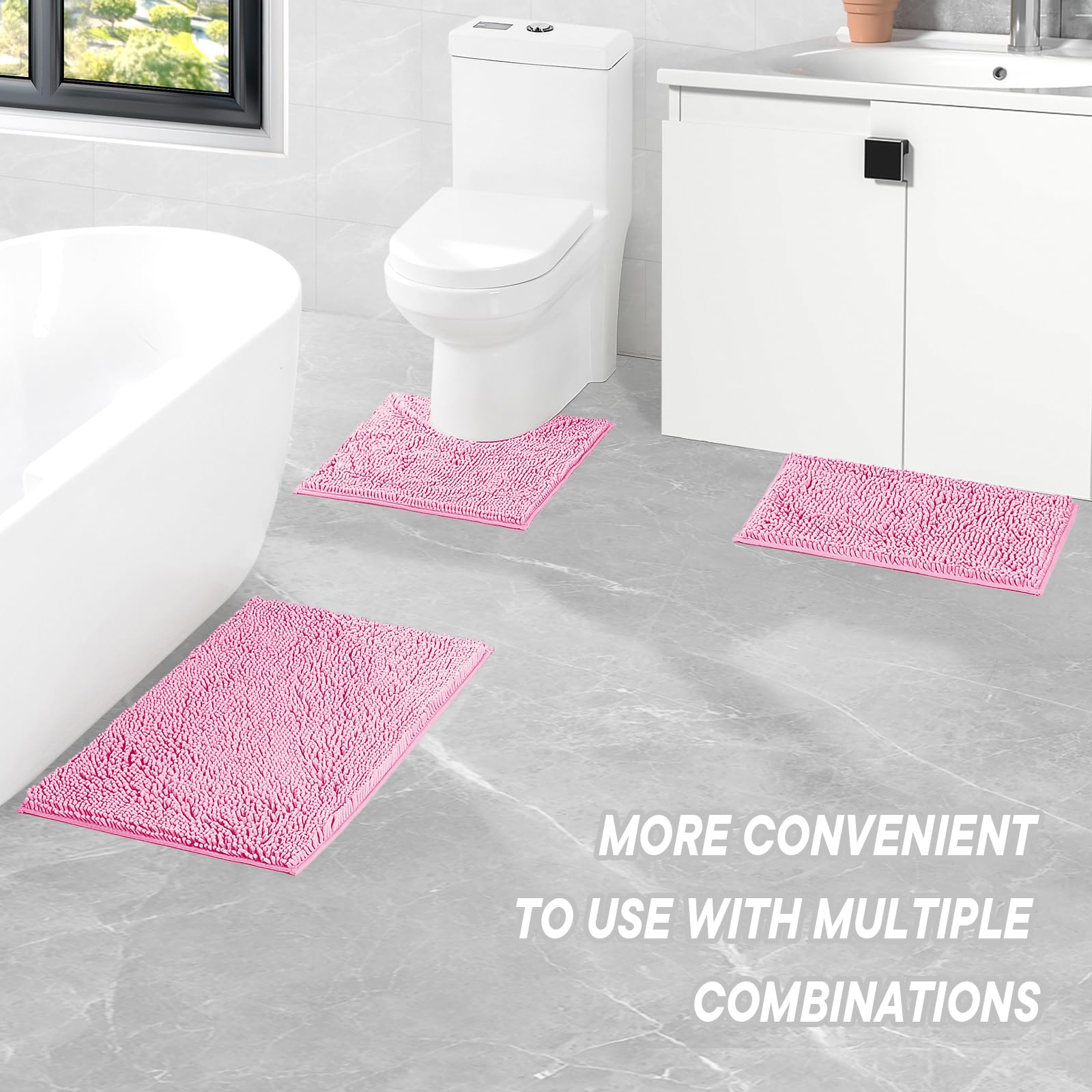 Xmecyino pink high-pile chenille traps moisture to keep floors dry.