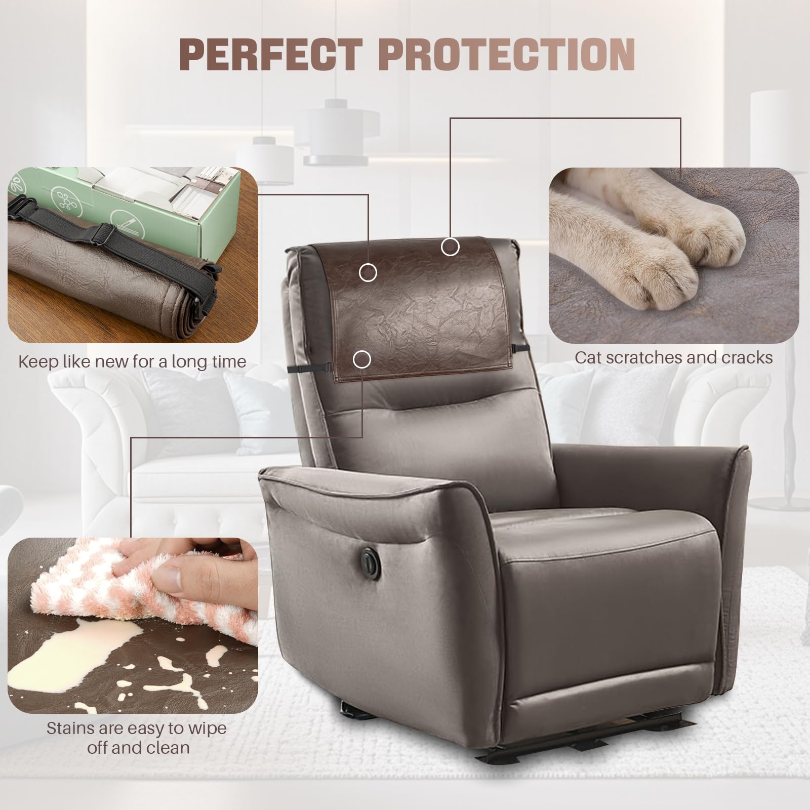 Xmntdo brown faux leather headrest cover on a sofa adds protective style.