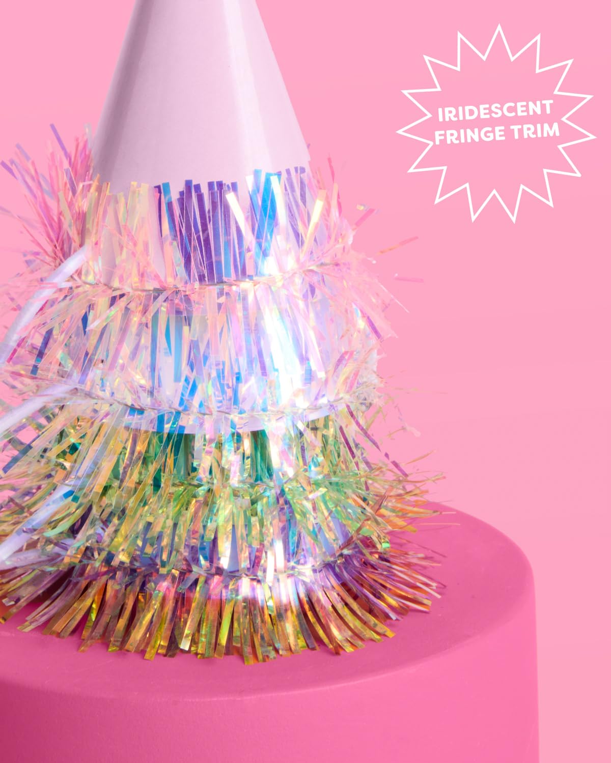 xo Fetti blue hat iridescent fringe closeup with celebratory vibe.