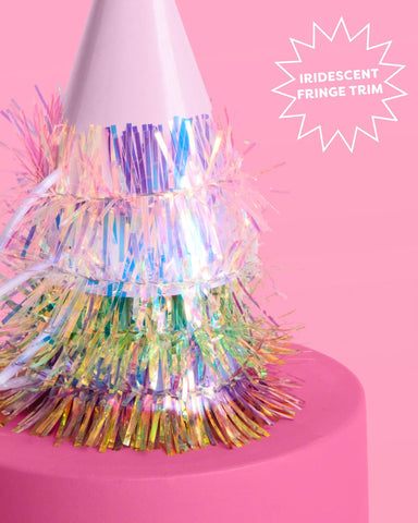 xo Fetti blue hat iridescent fringe closeup with celebratory vibe.