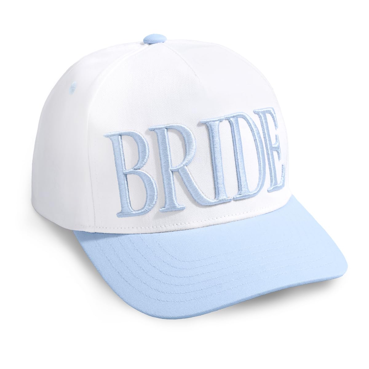 xo Fetti bride-trucker-hat with white cotton twill and blue embroidery.
