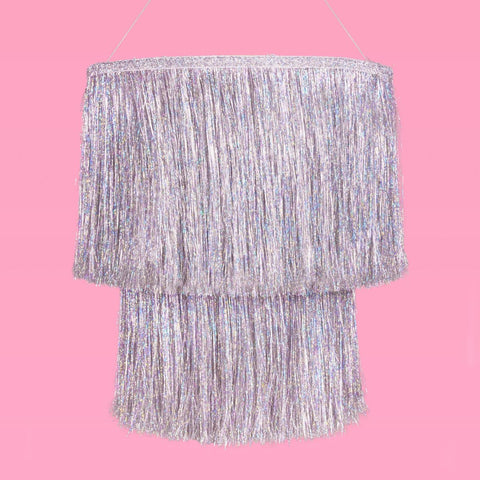 xo Fetti fringe chandelier bachelorette party decor enhances photo moments