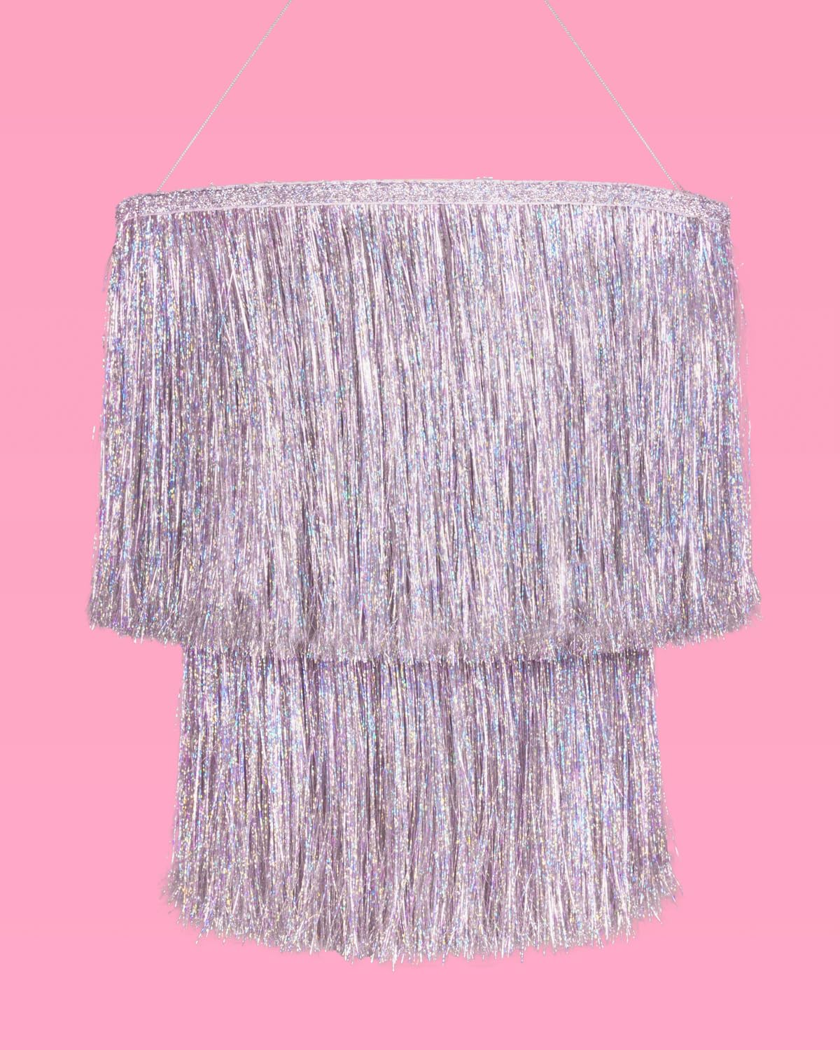 xo Fetti fringe chandelier closeup of silver foil tinsel for luxe party decor