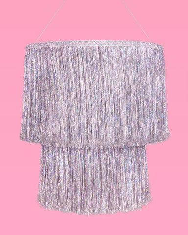 xo Fetti fringe chandelier closeup of silver foil tinsel for luxe party decor
