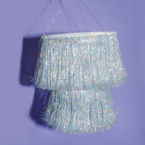 xo Fetti fringe chandelier iridescent silver foil adds sparkling ambiance to parties