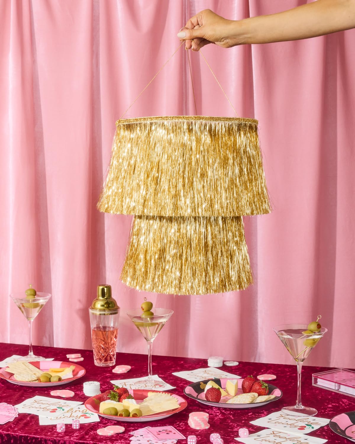 xo Fetti two-layer diameter chandelier adds luxe sparkle to events