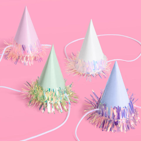 xo Fetti iridescent foil mini party hats pack shot for vibrant party decor.