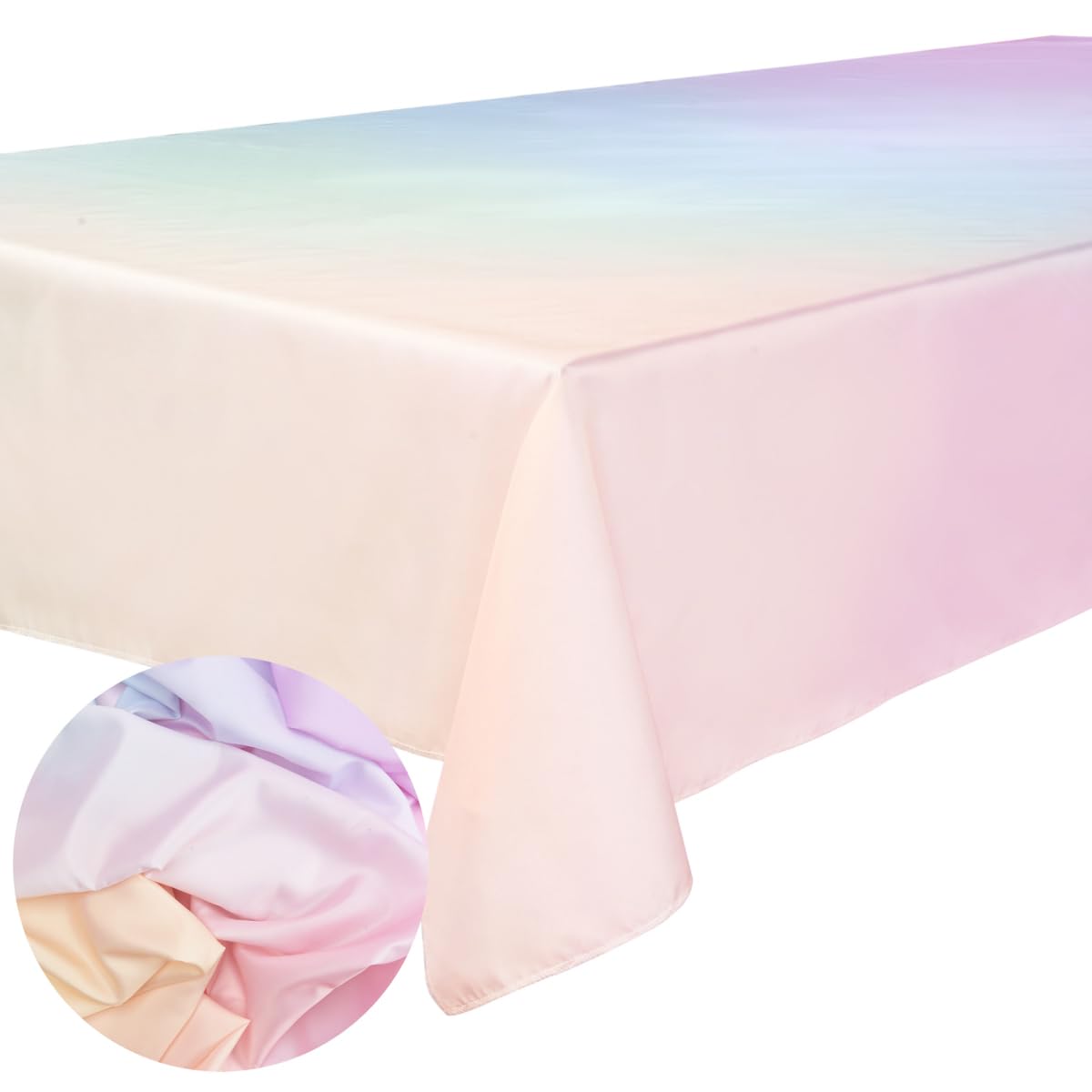 xo, Fetti pastel-gradient tablecloth fully spread on a long dining table for a vibrant indoor celebration