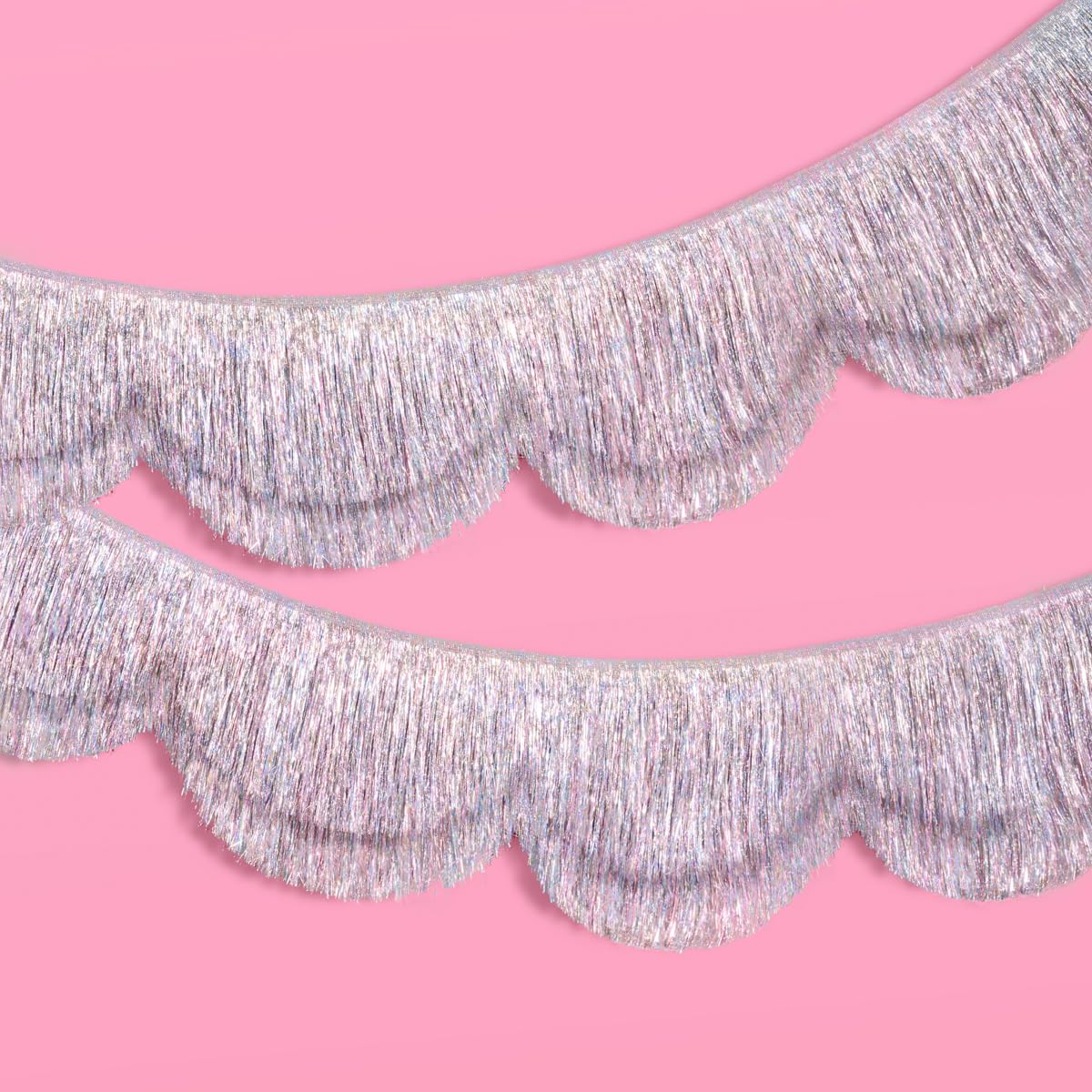 xo Fetti silver iridescent scalloped fringe banner for glam backdrop and photo moments