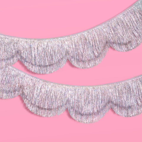 xo Fetti silver iridescent scalloped fringe banner for glam backdrop and photo moments