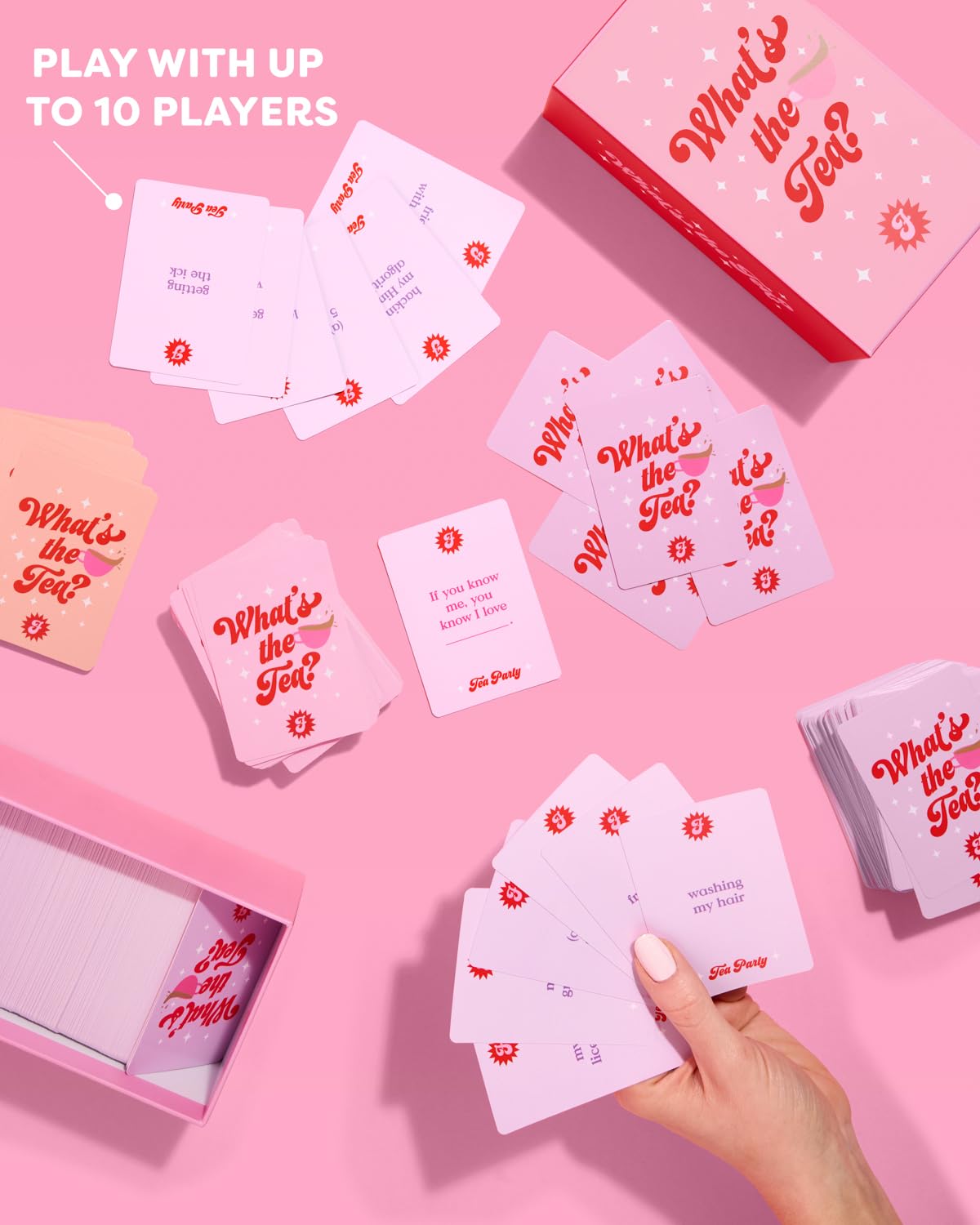 xo Fetti What's The Tea cards fanned out, ready to spark conversations.