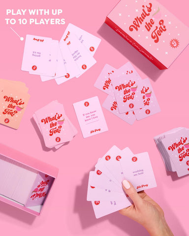 xo Fetti What's The Tea cards fanned out, ready to spark conversations.