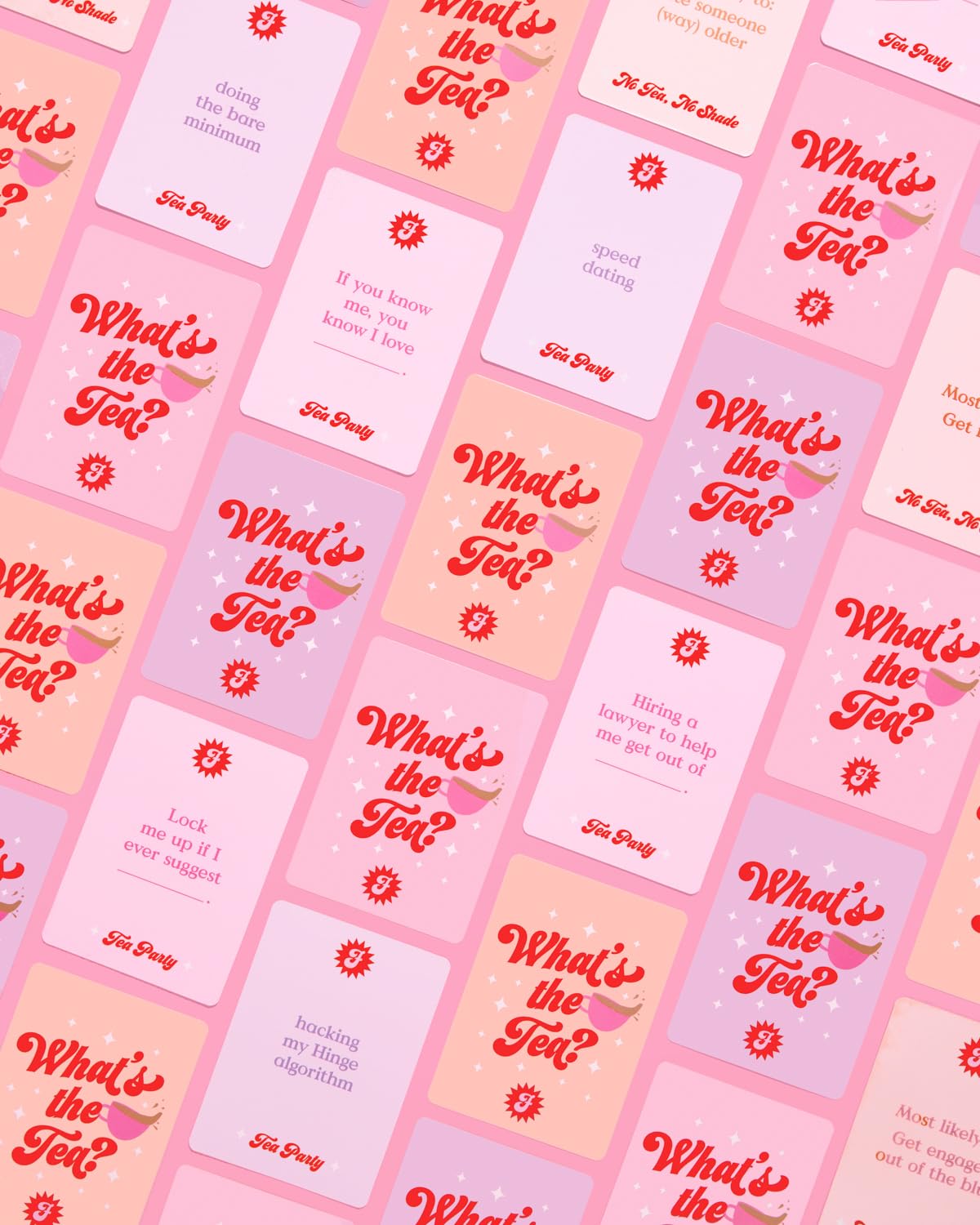 xo Fetti What's The Tea glossy card backs, premium feel for play.