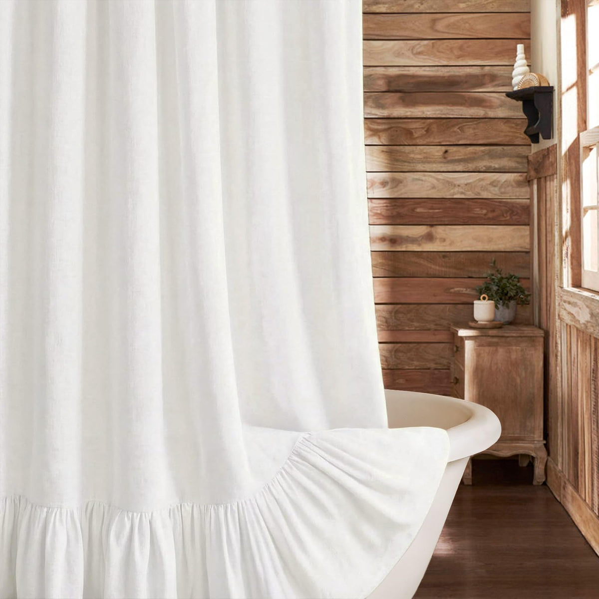 XOGUIBO farmhouse shower curtain with ruffle-hem adds soft rustic charm to the bath.