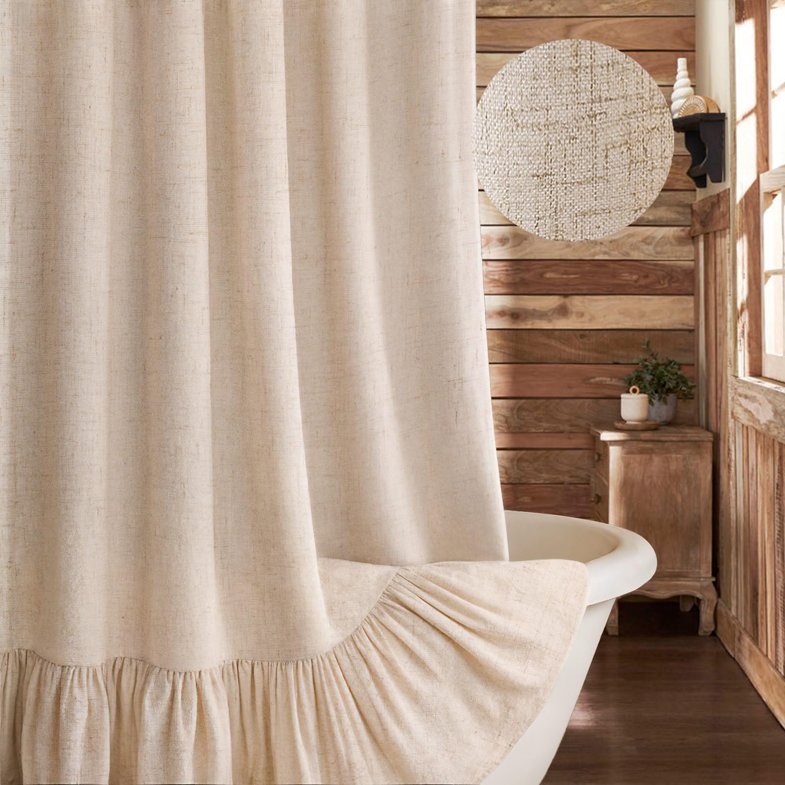 XOGUIBO farmhouse shower curtain with ruffle hem in beige adds cozy rustic charm.