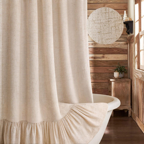XOGUIBO farmhouse shower curtain with ruffle hem in beige adds cozy rustic charm.