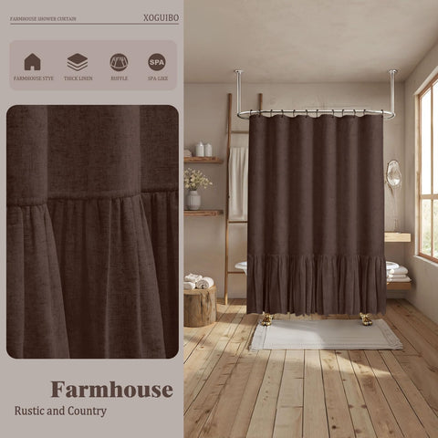 XOGUIBO rustic-neutral curtain harmonizes wood tones and greenery in bathrooms.