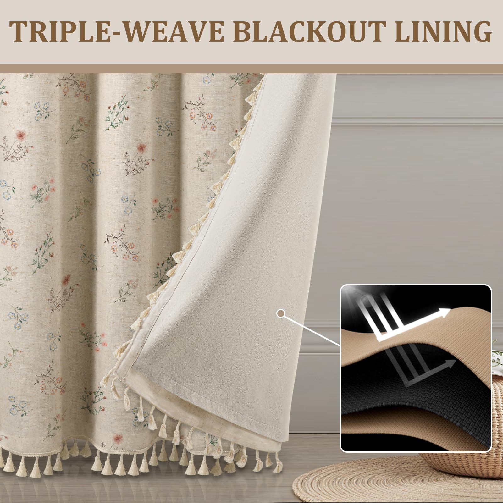 XOGUIBO Beige tassels decorative detail enhances vintage-inspired windows.