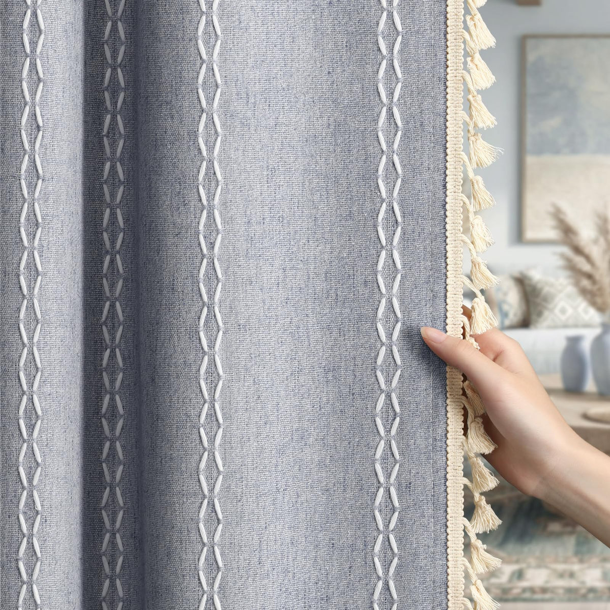 XOGUIBO blue boho blackout curtains 84-inch two-panel set block light and provide privacy