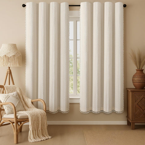 XOGUIBO boho blackout curtain panel with beige linen texture blocks light