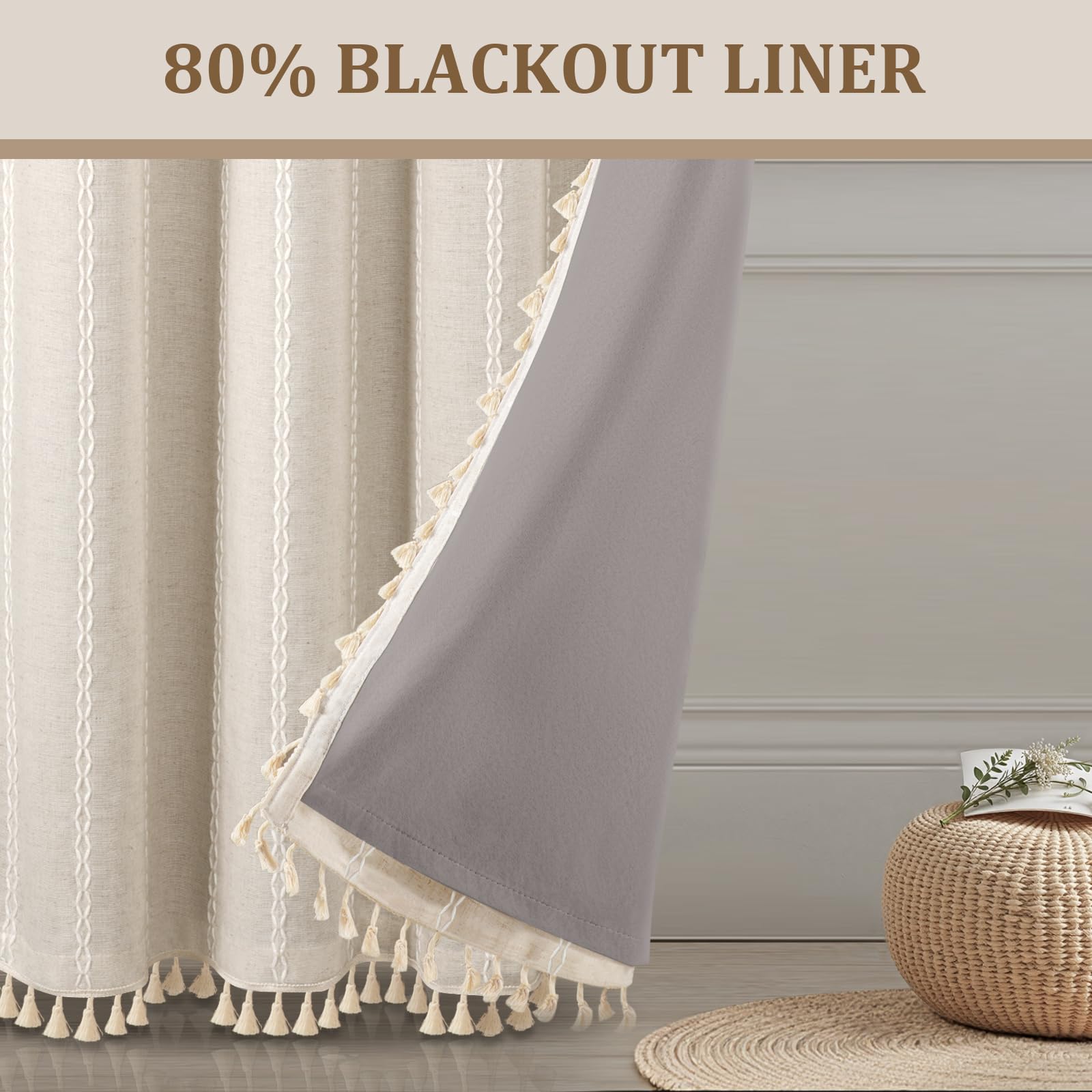 XOGUIBO linen-blend drapes with tassels add texture to living rooms.