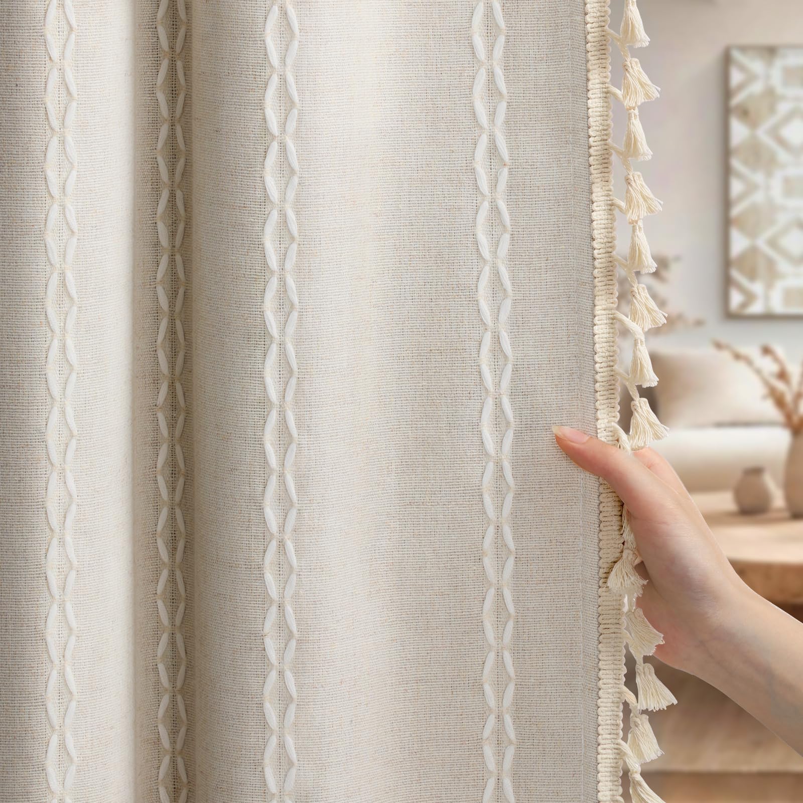 XOGUIBO boho curtains with gray liner offer soft light control and privacy.