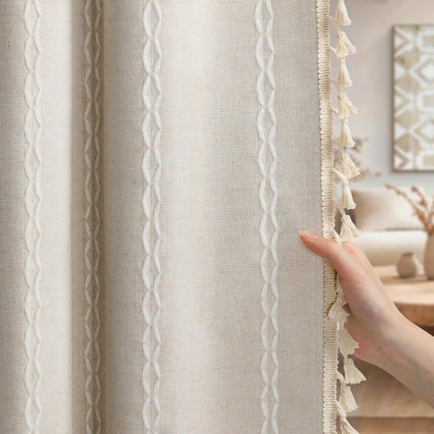 XOGUIBO boho curtains with gray liner offer soft light control and privacy.