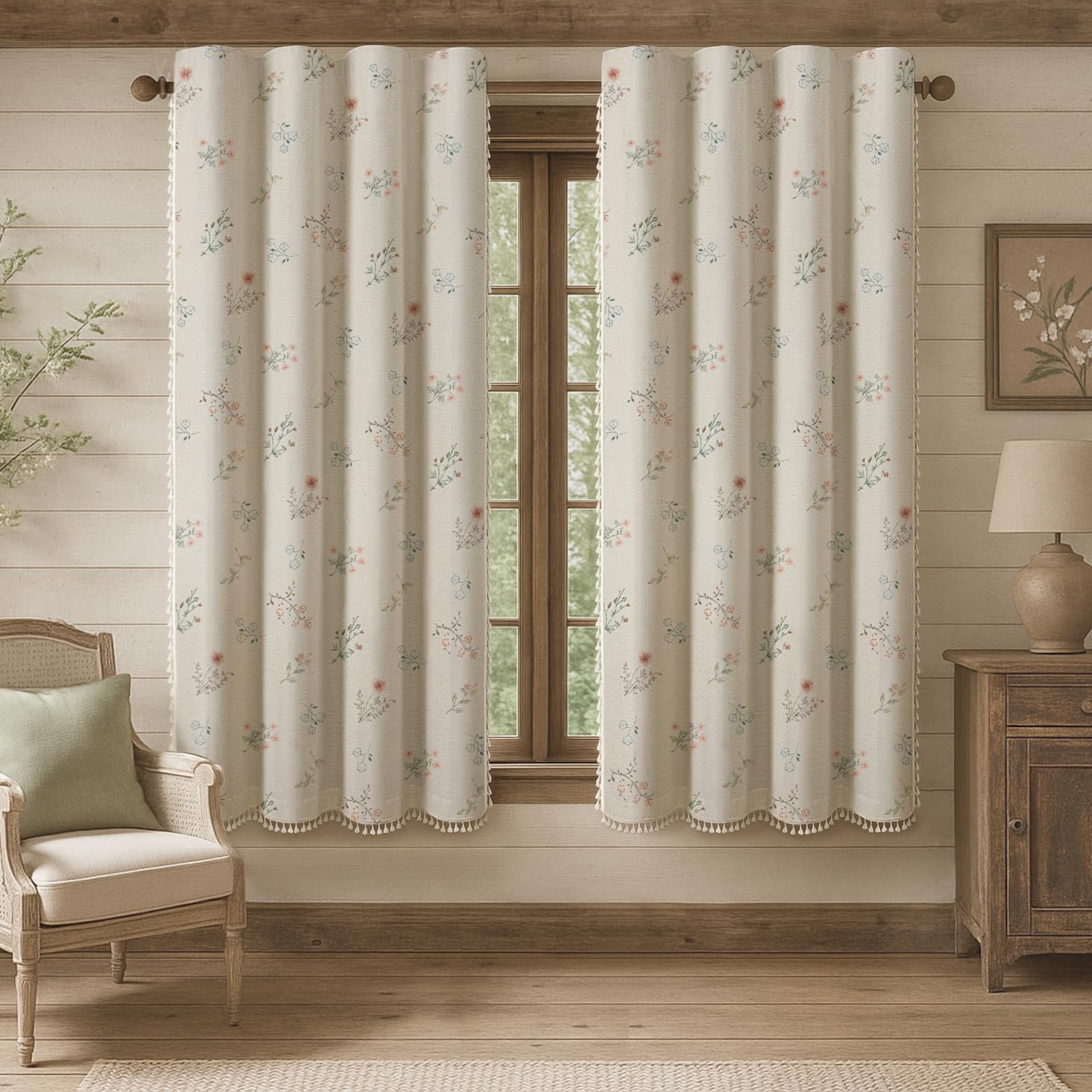 XOGUIBO boho floral curtains with beige tassels enhance living room ambiance.