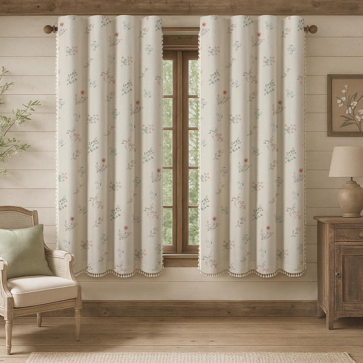 XOGUIBO boho floral curtains with beige tassels enhance living room ambiance.