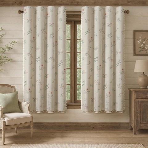XOGUIBO boho floral curtains with beige tassels enhance living room ambiance.