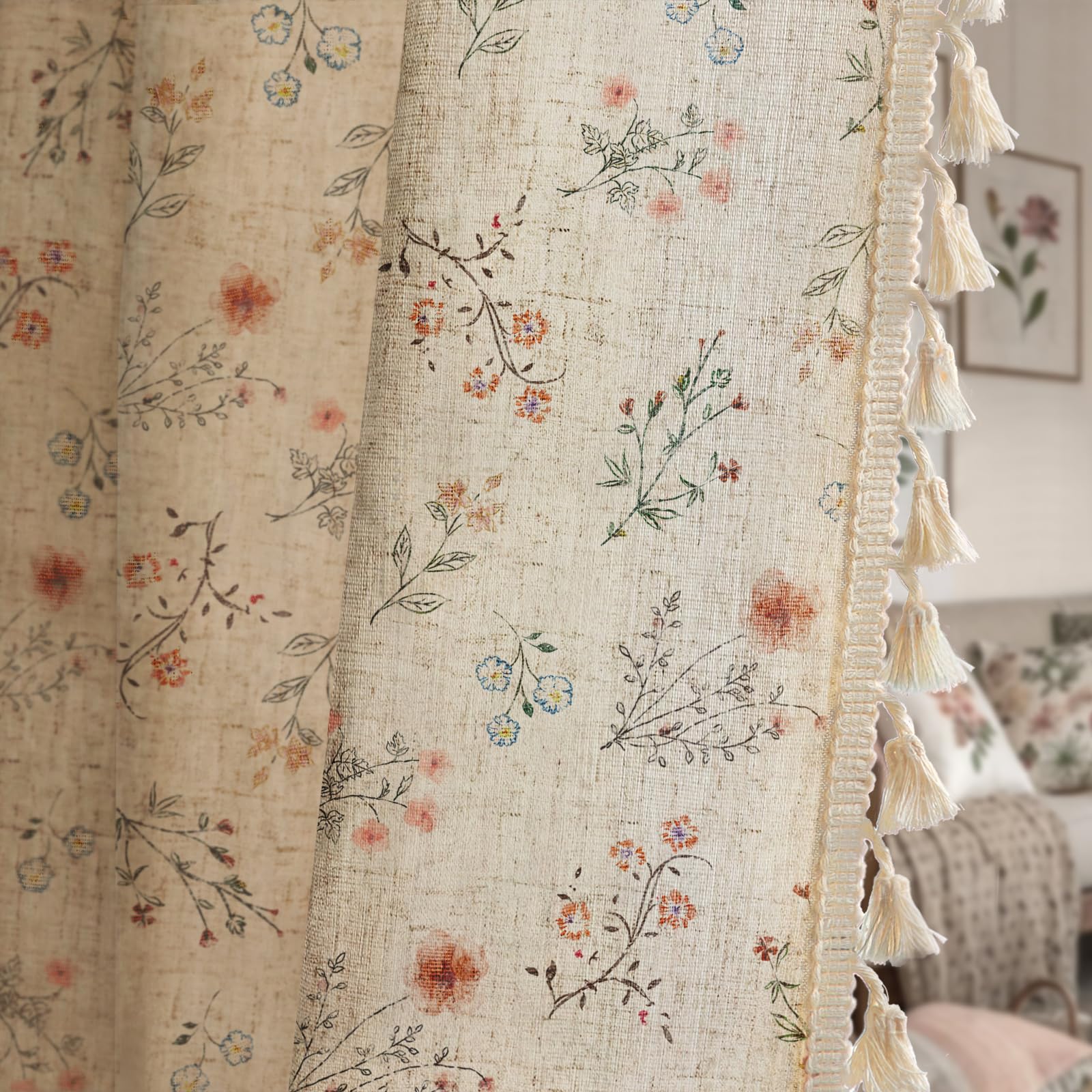 XOGUIBO boho floral curtains softly filter light for a cozy living room.