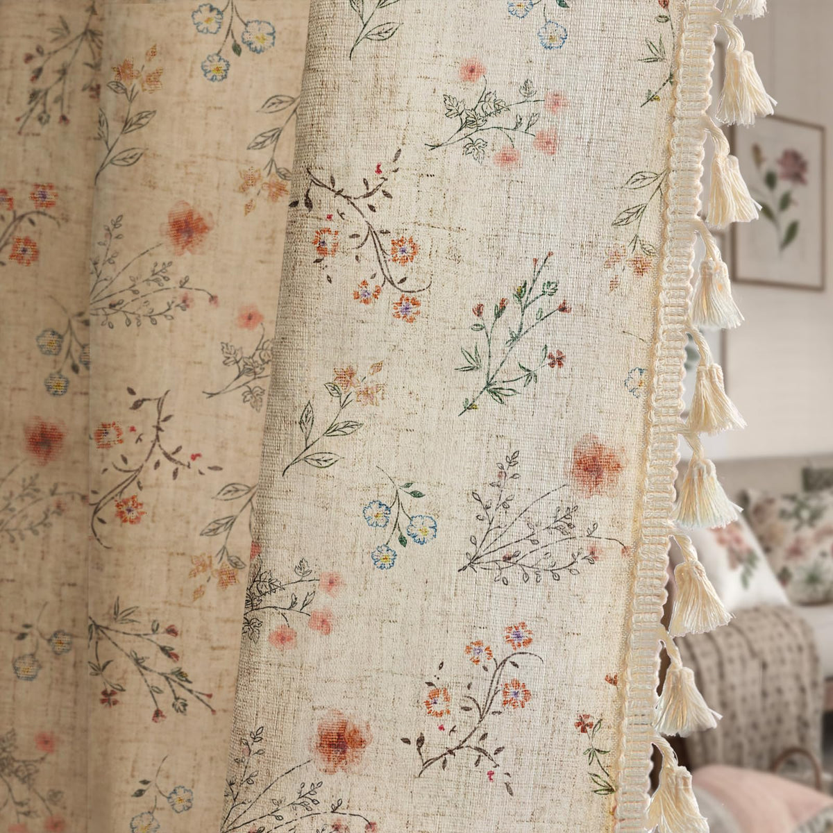 XOGUIBO boho floral curtains softly filter light for a cozy living room.
