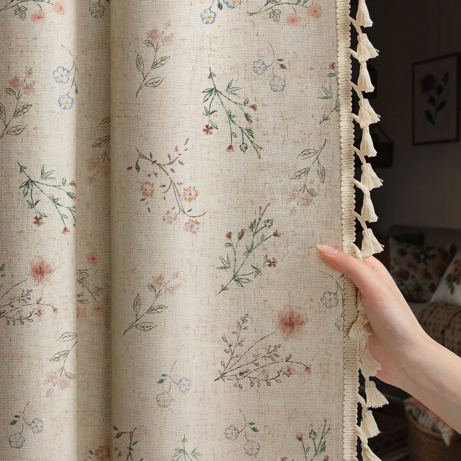 XOGUIBO Boho floral curtains 84-inch panel close-up shows soft linen texture and elegant pattern for warm rooms.