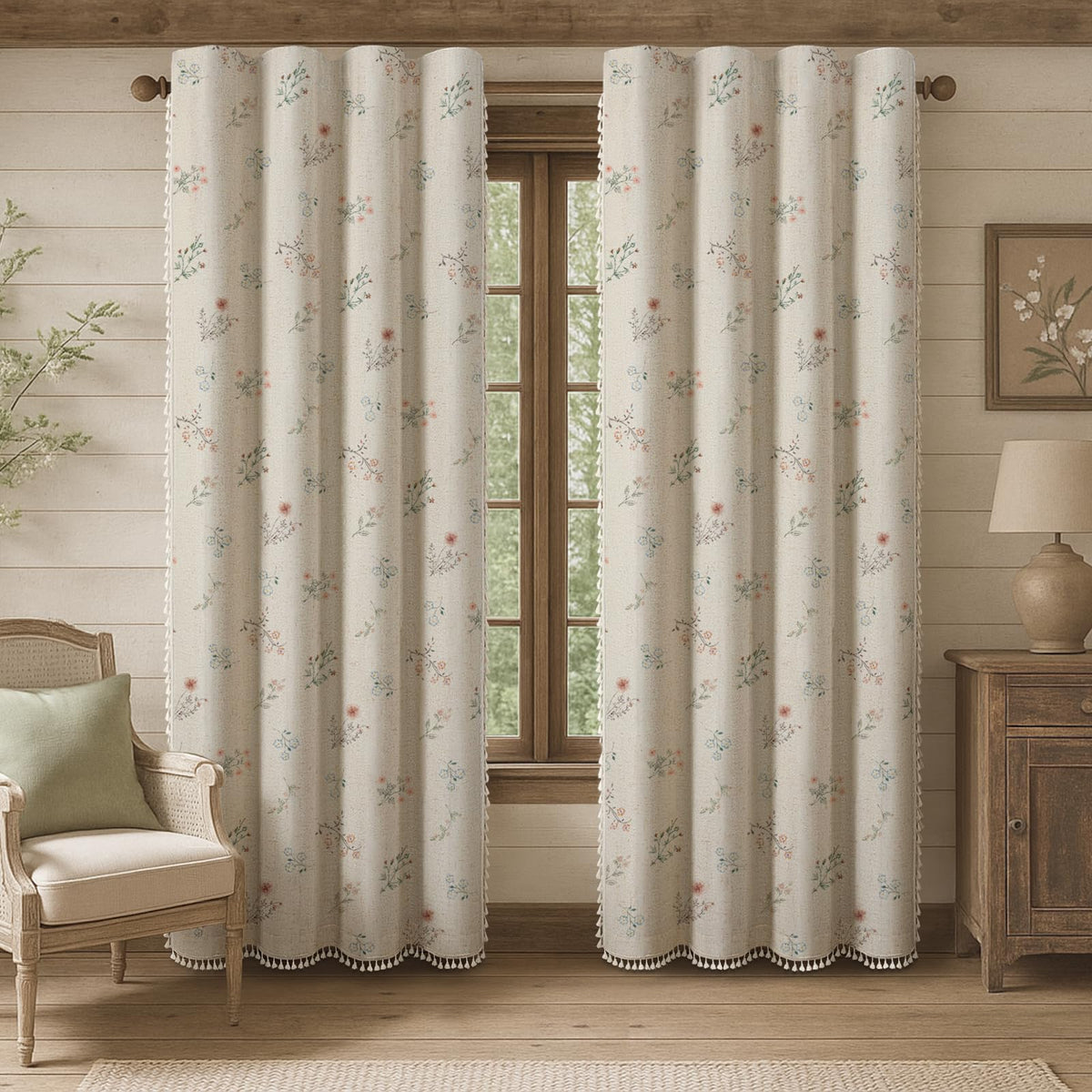 XOGUIBO boho floral curtains, 90-inch two-panel set, stylish living room backdrop.