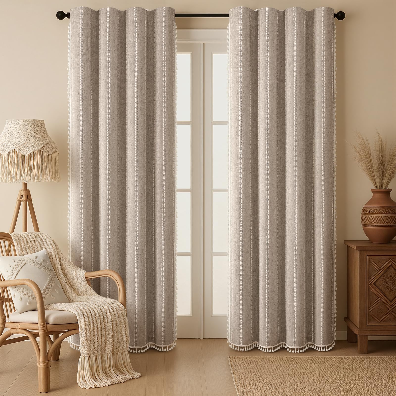 XOGUIBO curtains feature tassels for a tactile boho accent.