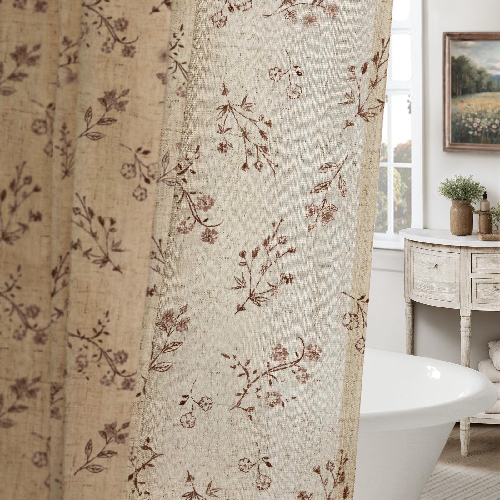 XOGUIBO brown floral farmhouse shower curtain closeup shows vintage charm for a cozy bathroom.