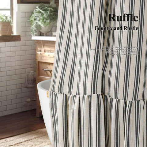 XOGUIBO cream-black stripe pattern complements wood accents in the bathroom.