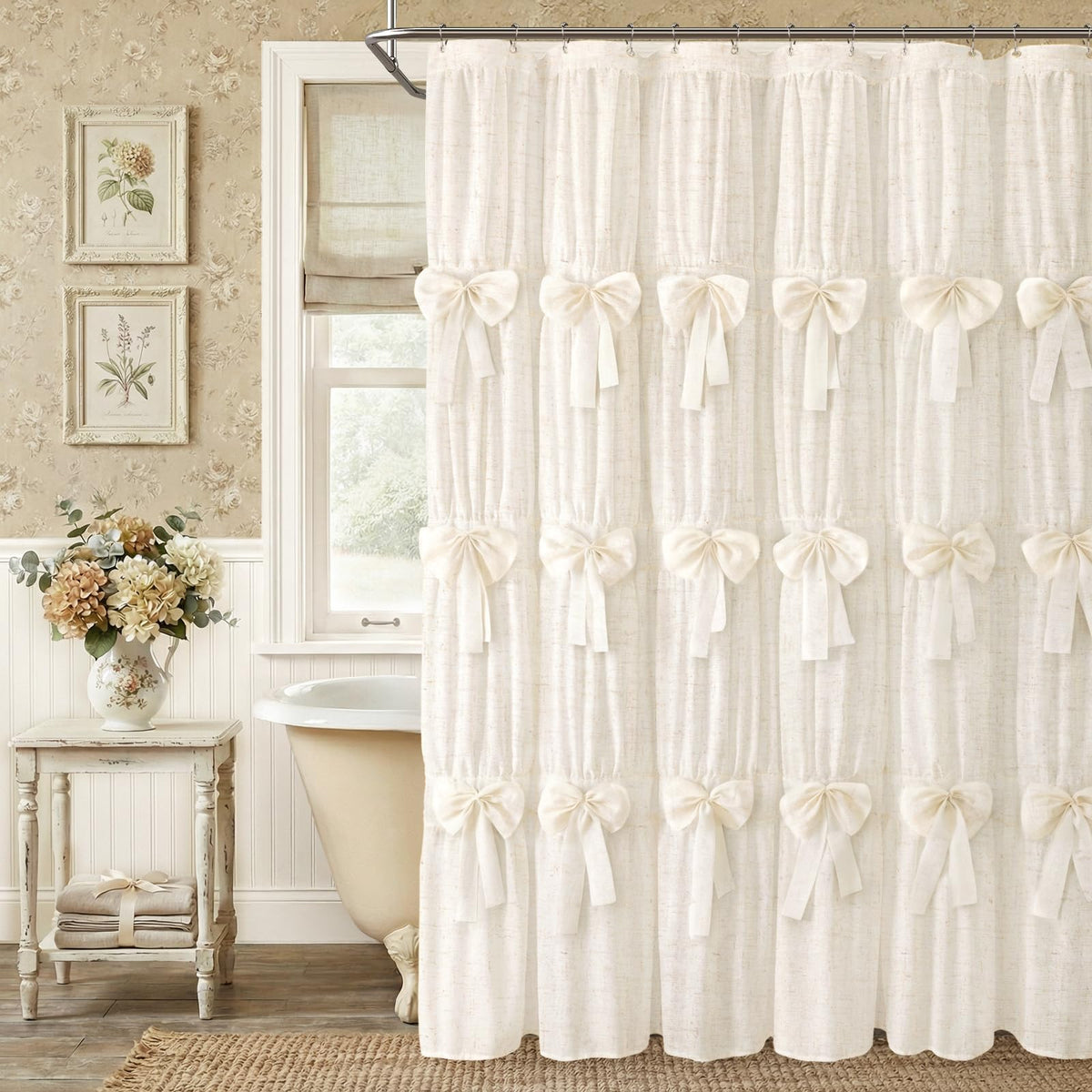 XOGUIBO Farmhouse Bows Curtain with ruffles adds soft charm and privacy.